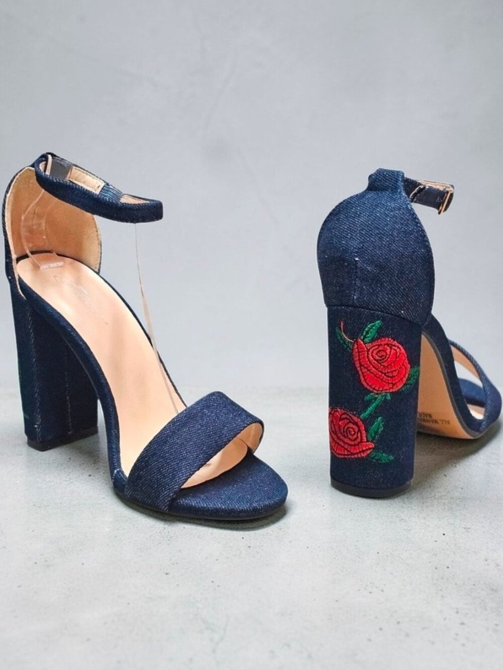 Denim Block Heels With Embroidered Red Rose Design & Adjustable Ankle Strap - Wo